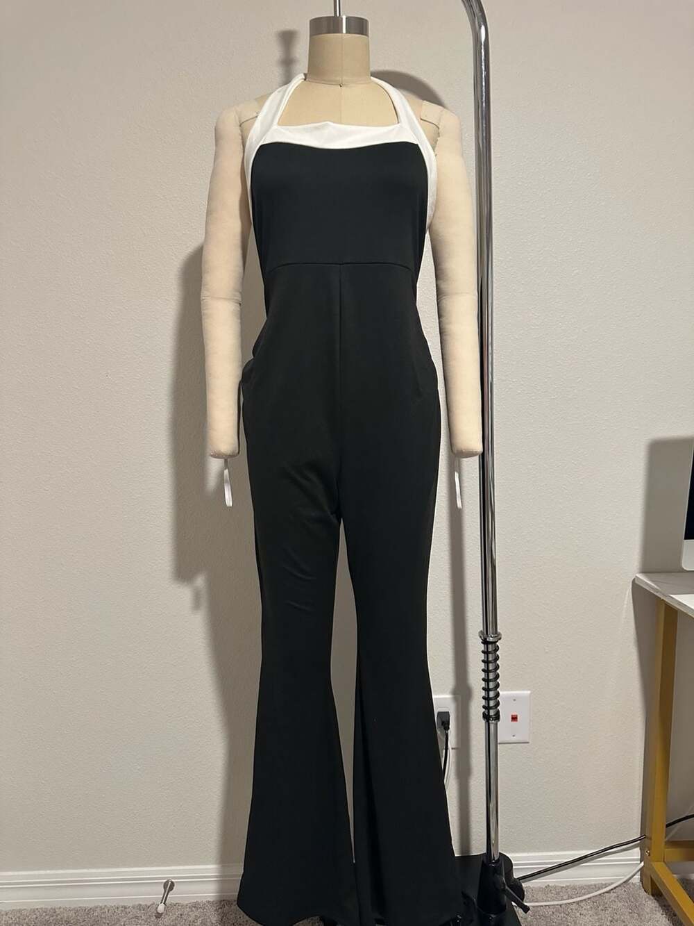 SHEIN Halter Jumpsuit Size L Black White Contrast Flare Leg
